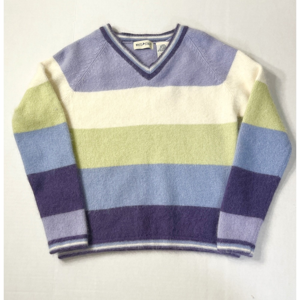 Vintage Angora Lambswool Sweater Womens Small Striped V-Neck Purple Blue